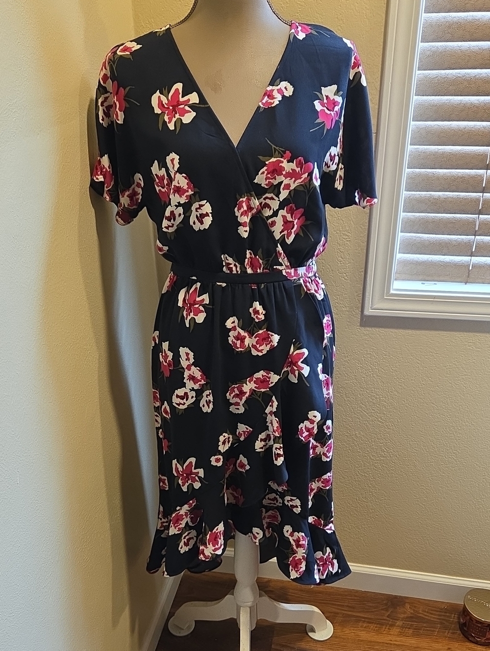 J. Crew Black Floral Wrap-Style Midi Dress with Pink Blooms